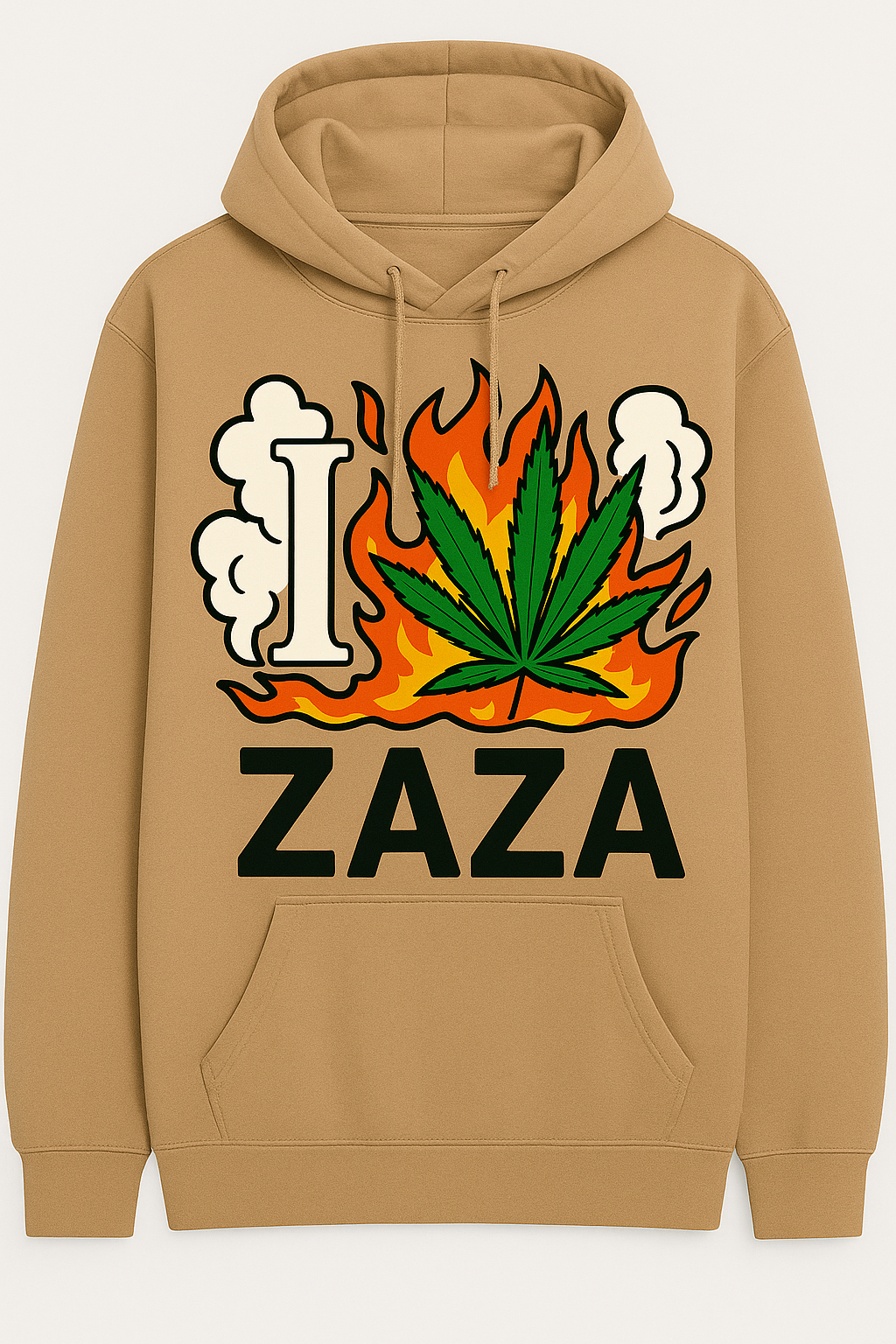 I Love Zaza Hoodie – 420 Streetwear Pullover | Weed Leaf Flame Design | Cannabis| Unisex Tan
