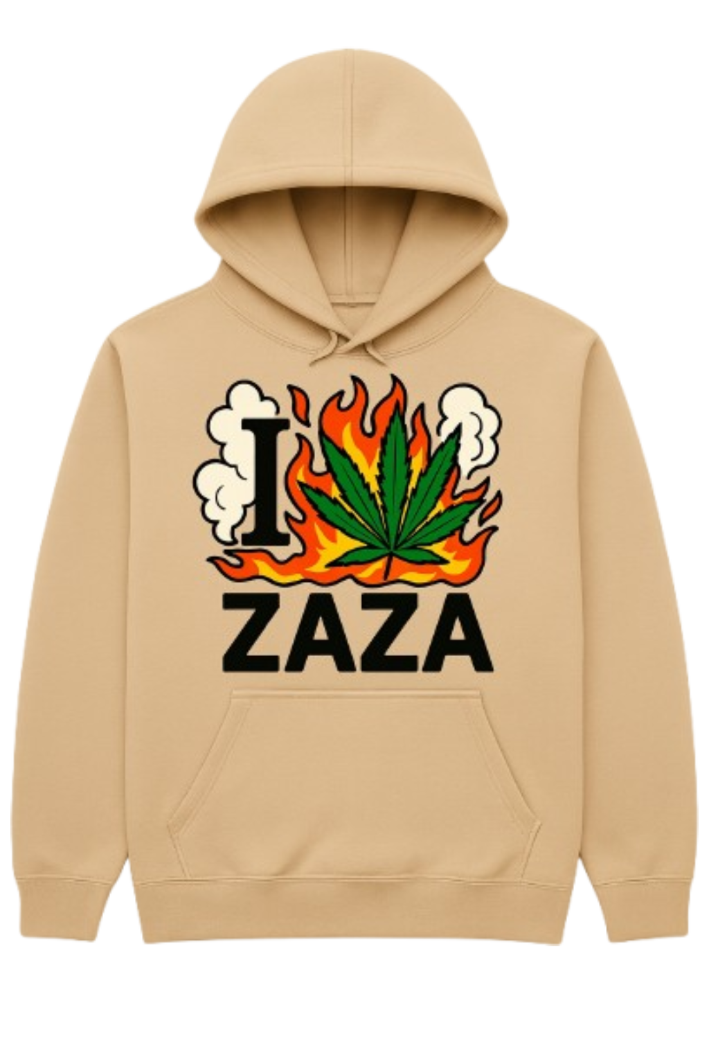 
I Love Zaza Burn Slow Rolling Papers Edition 420 weed hoodie with cannabis leaf design and flame sleeve streetwear graphics by Mpressive Dezigns.