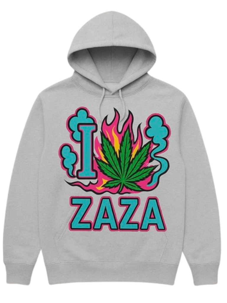 I Love Zaza Grey Mist Edition 420 weed hoodie with cannabis leaf design and flame sleeve streetwear graphics by Mpressive Dezigns.