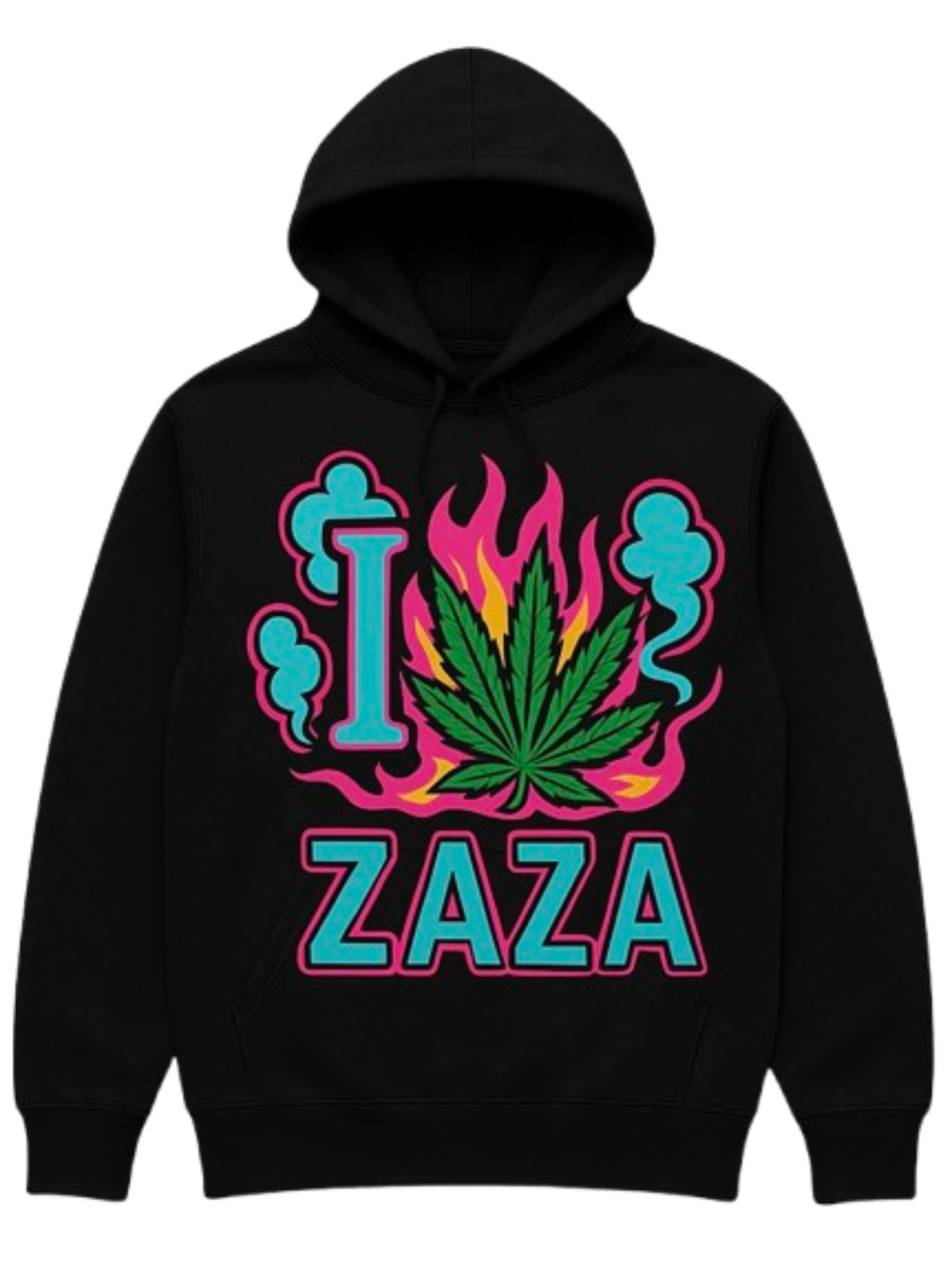I Love Zaza Miami Vice Edition 420 weed hoodie with cannabis leaf design and flame sleeve streetwear graphics by Mpressive Dezigns