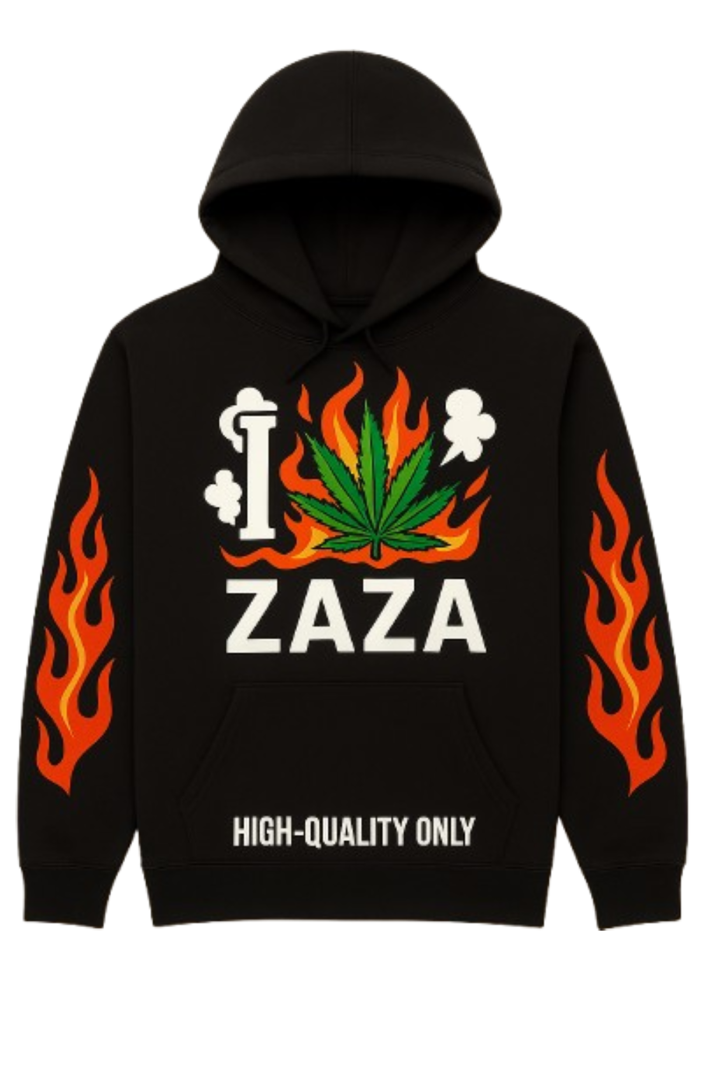 I Love Zaza OG Kush Edition 420 weed hoodie with cannabis leaf design and flame sleeve streetwear graphics.