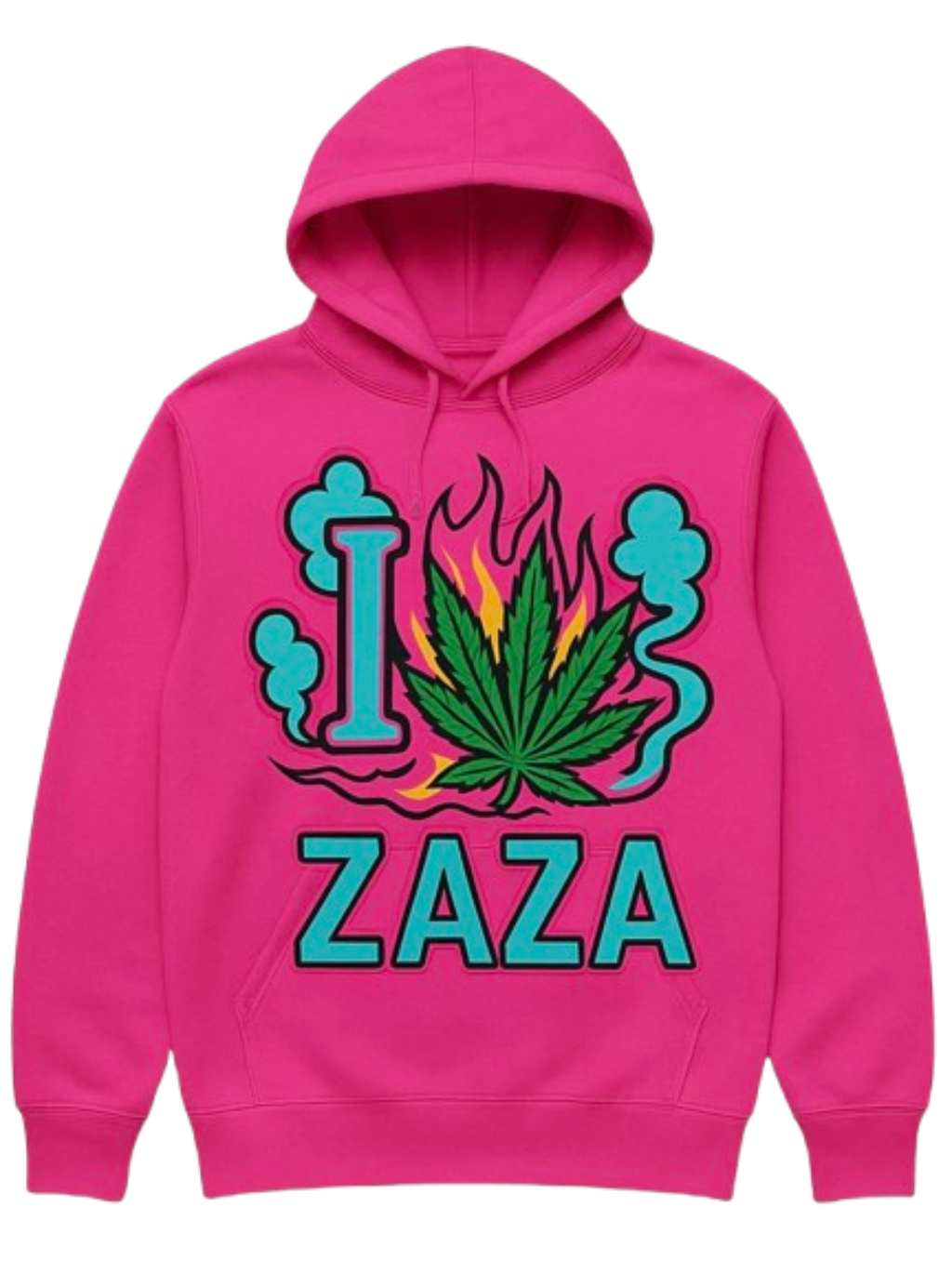 I Love Zaza Pink Runtz Edition 420 weed hoodie with cannabis leaf graphic and flame sleeve streetwear design by Mpressive Dezigns.