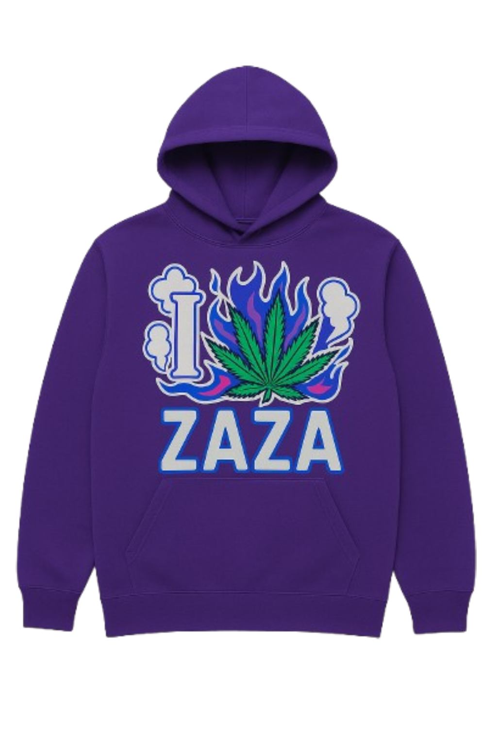 I Love Zaza Purple Kush Edition 420 weed hoodie with cannabis leaf graphic and flame sleeve streetwear design by Mpressive Dezigns.