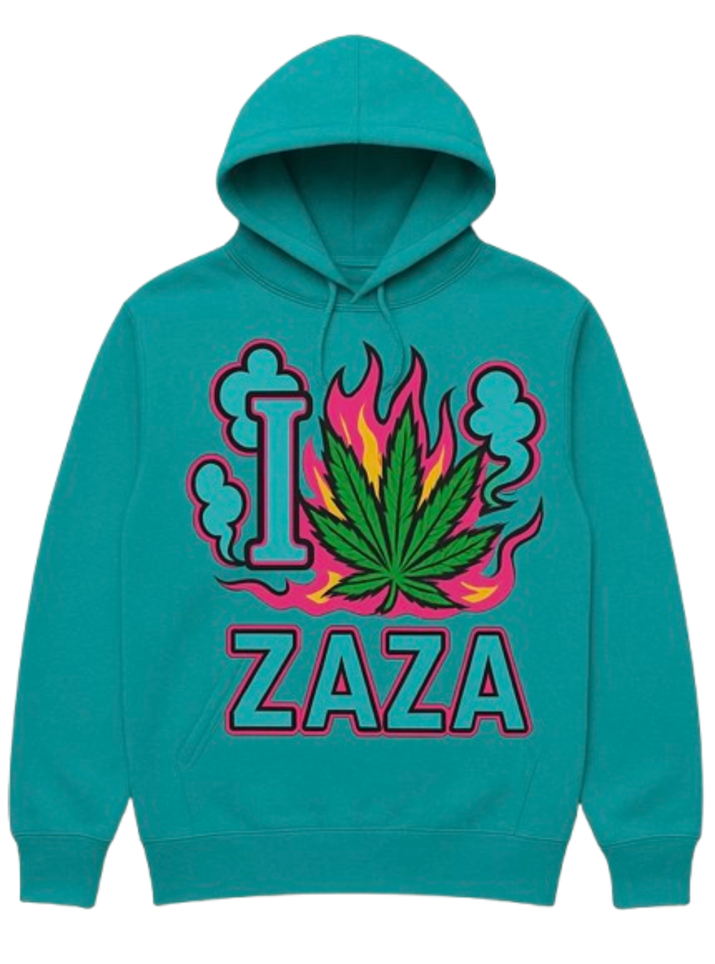 I Love Zaza Turquoise Jeep Edition 420 weed hoodie with cannabis leaf design and streetwear flame graphics by Mpressive Dezigns